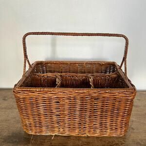 Vintage Wicker Utensil Holder Kitchen Caddy Rustic Picnic Table Organizer